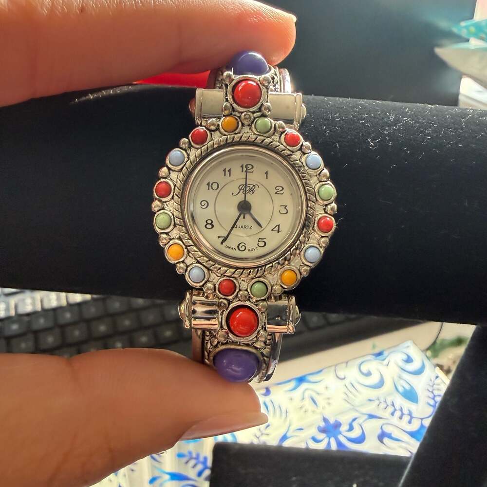 JB Cuff Watch Silver South West Style Colorful Stones
